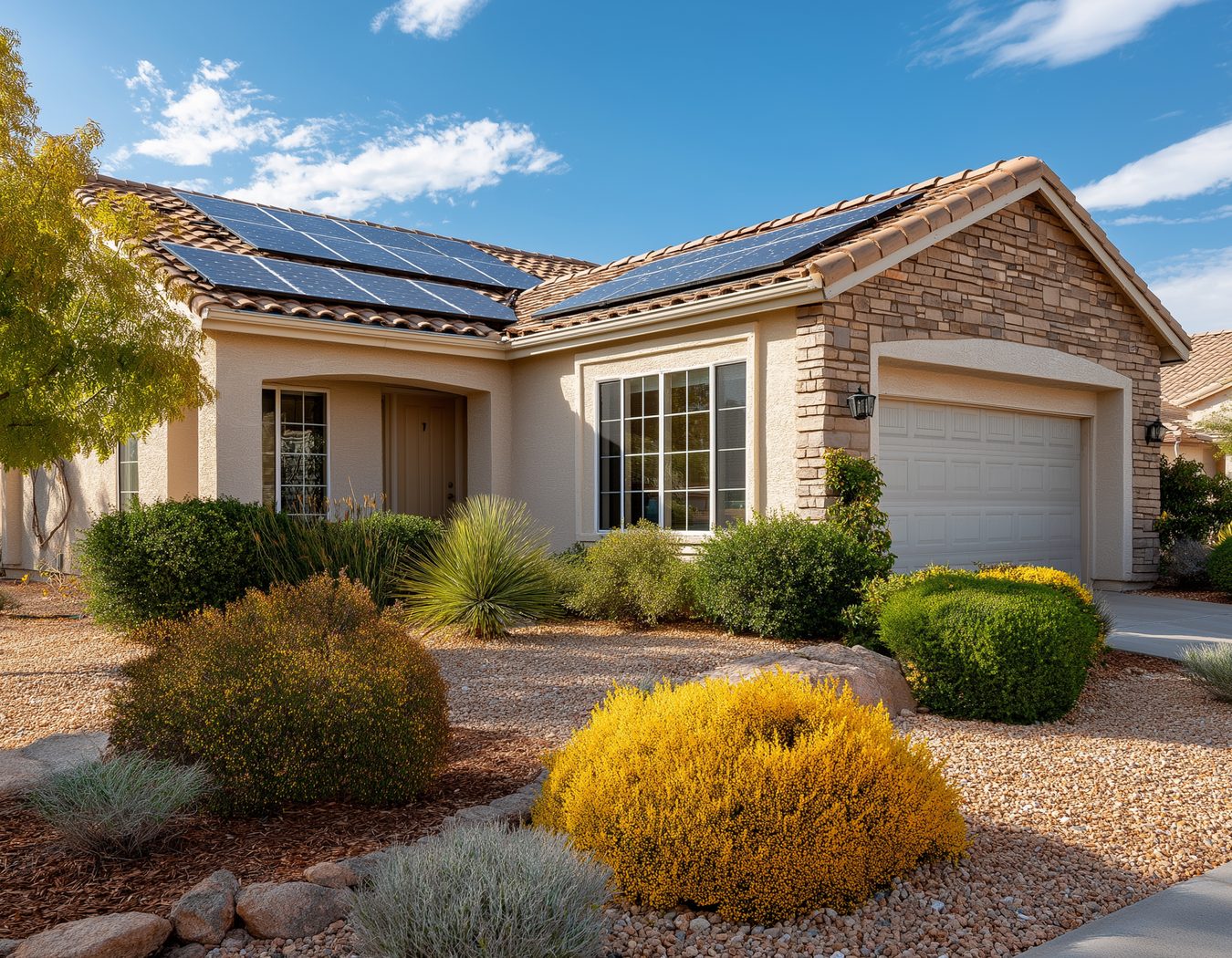 Modern suburban house with solar panels on the roof surrounded by palm trees under a clear blue sky.